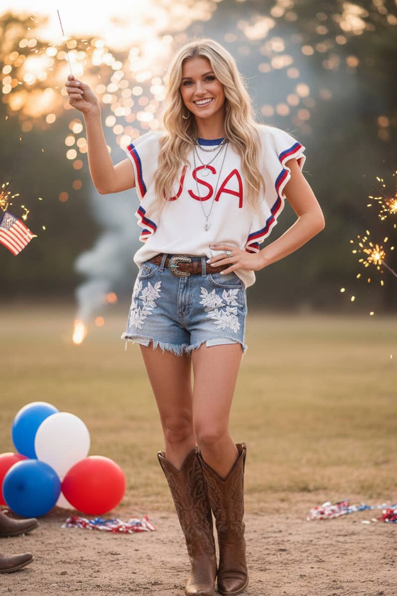 The Ruffle Sleeve USA Sweater Top