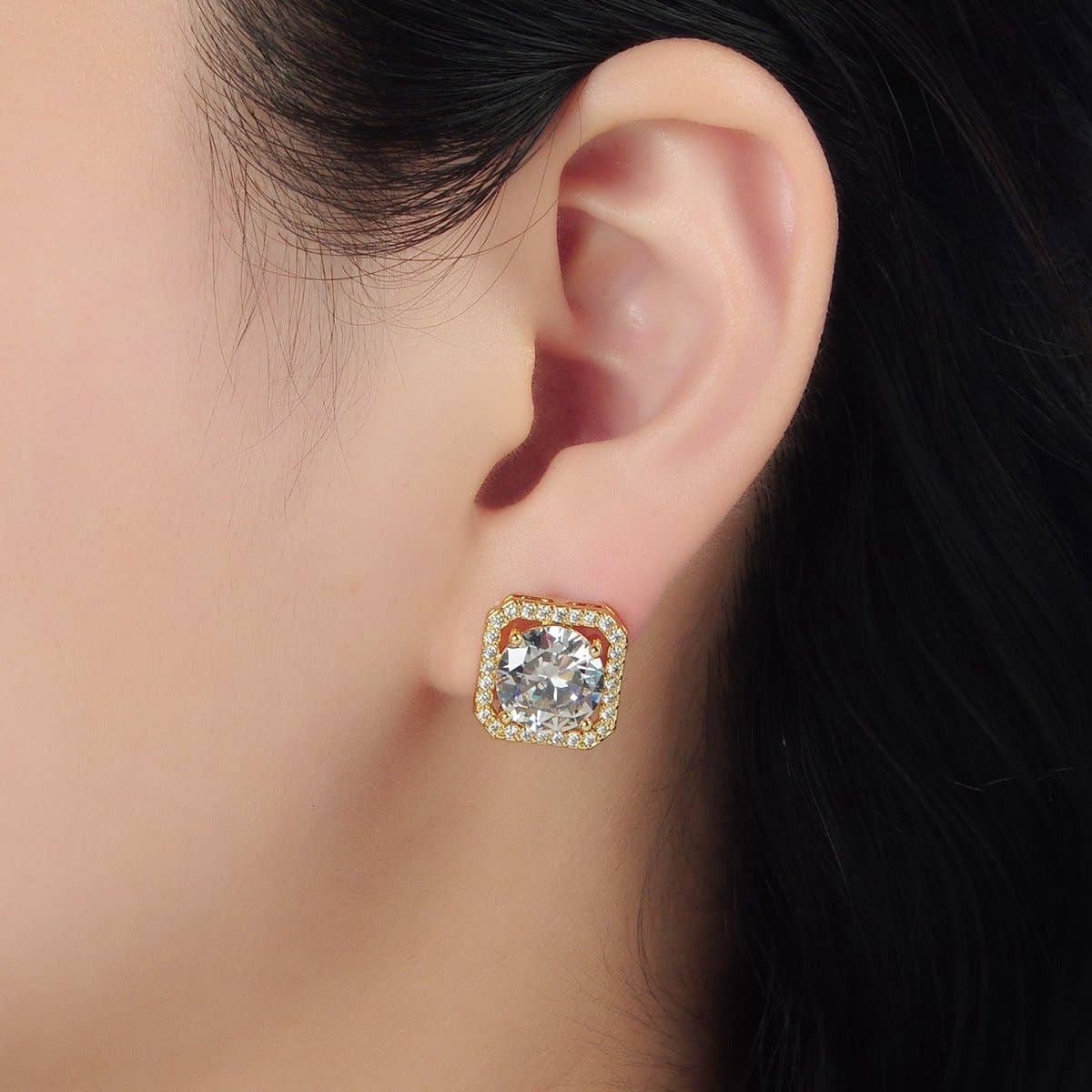 The Square Halo CZ Gold Stud Earrings