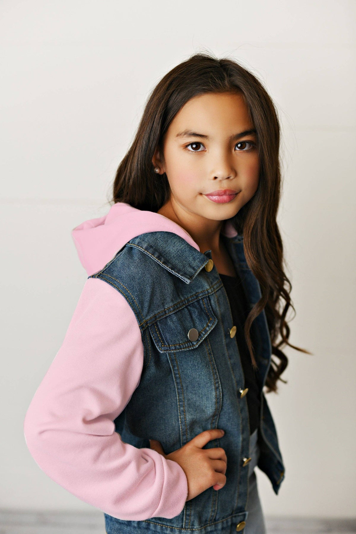 Girls Denim Pink Hooded Jacket