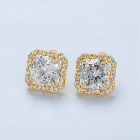 The Square Halo CZ Gold Stud Earrings