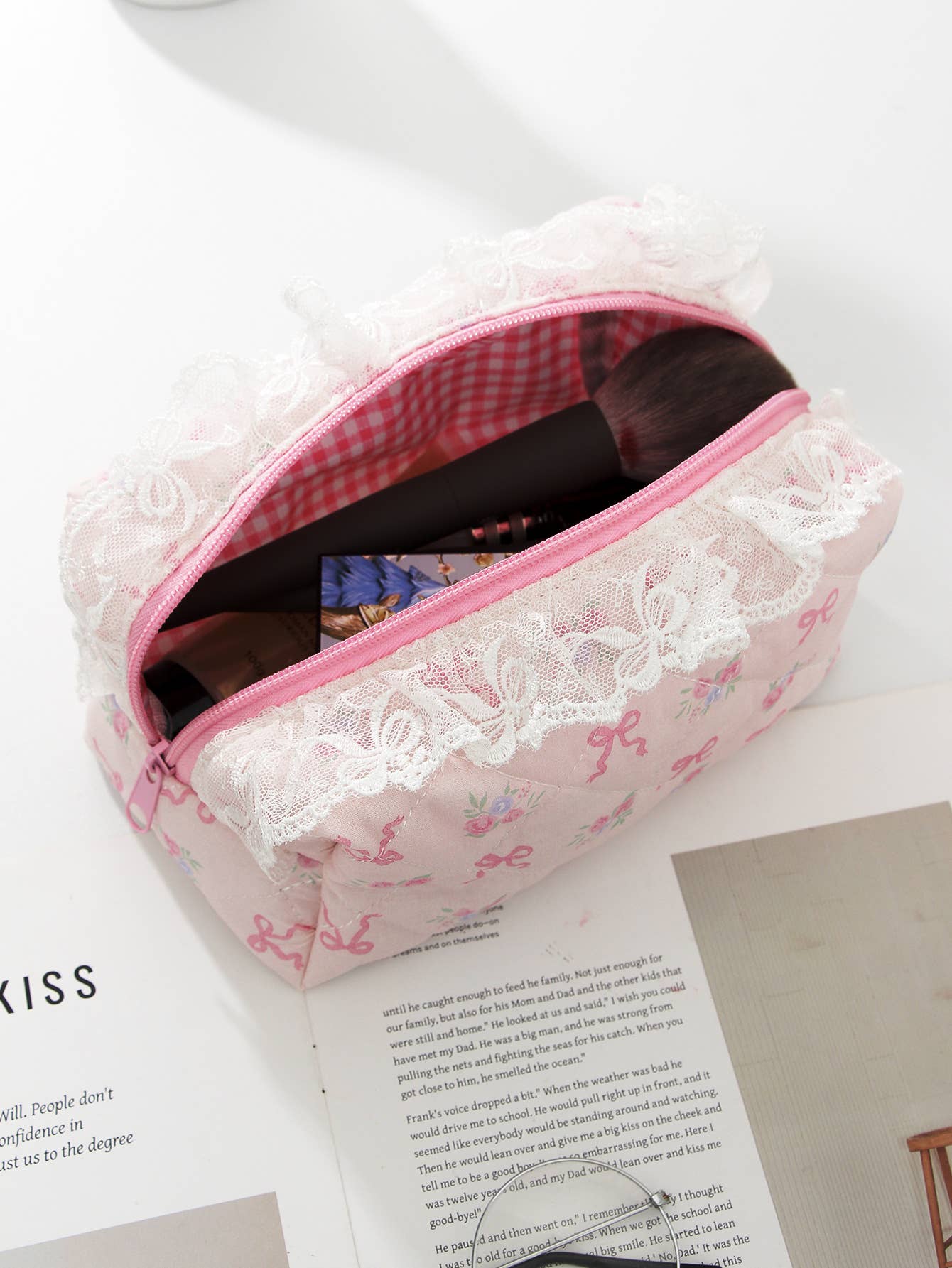 The Bow & Cherry Cute Ruffle Cosmetic Bag