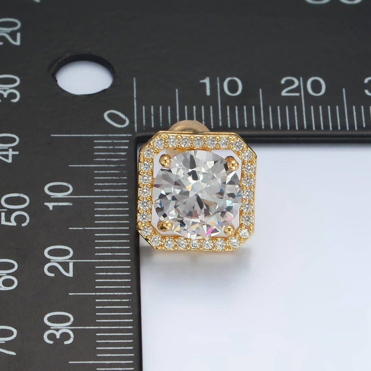 The Square Halo CZ Gold Stud Earrings