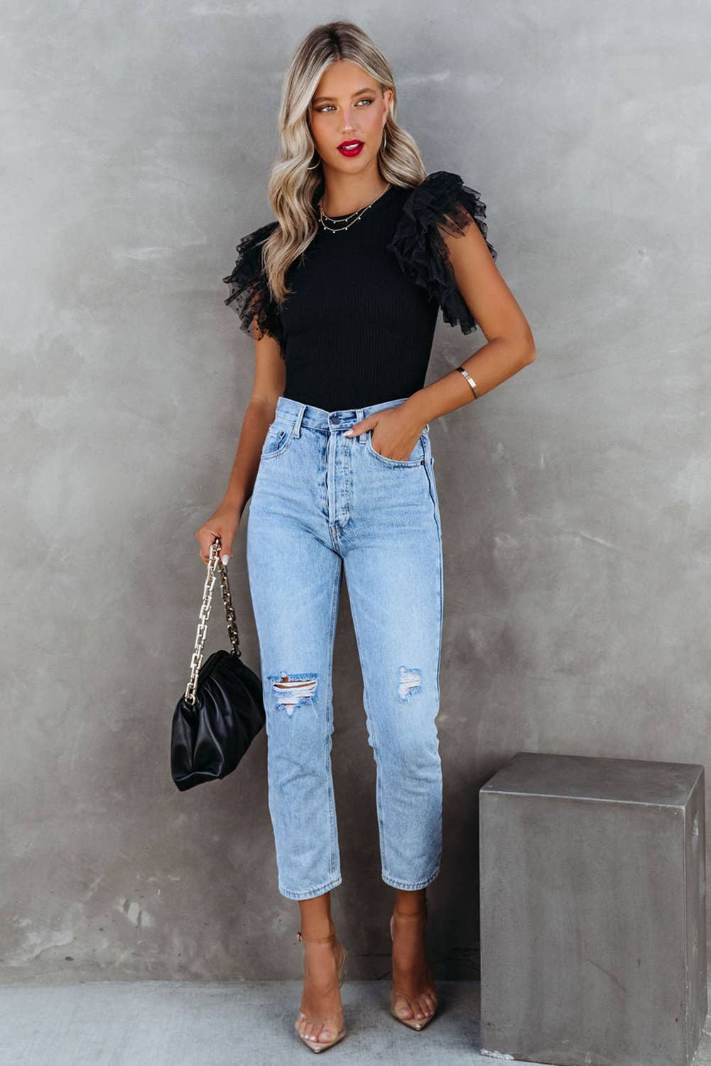 The Black Ruffle Sleeves Top