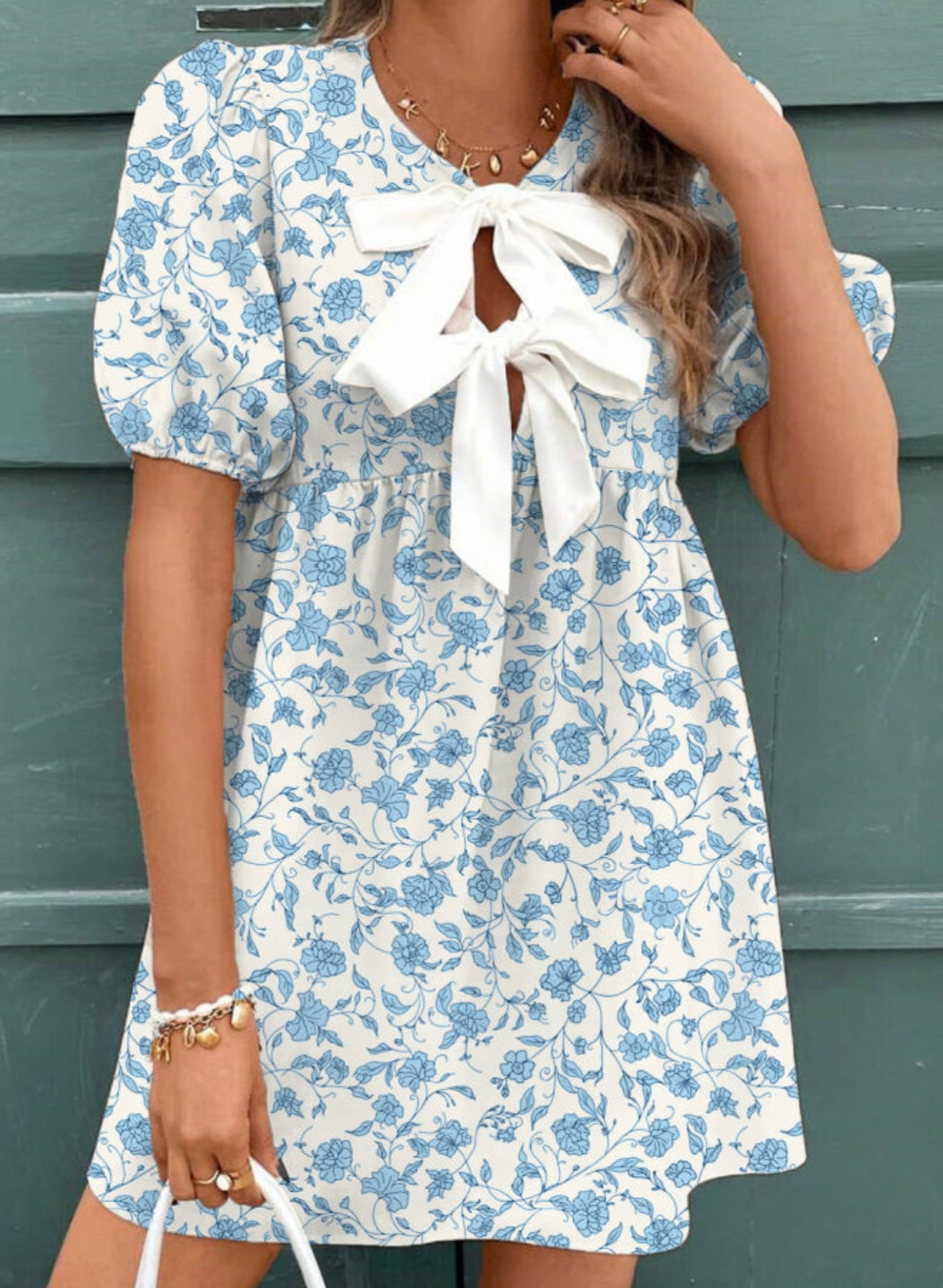 Sky Blue Floral Puffer Dress