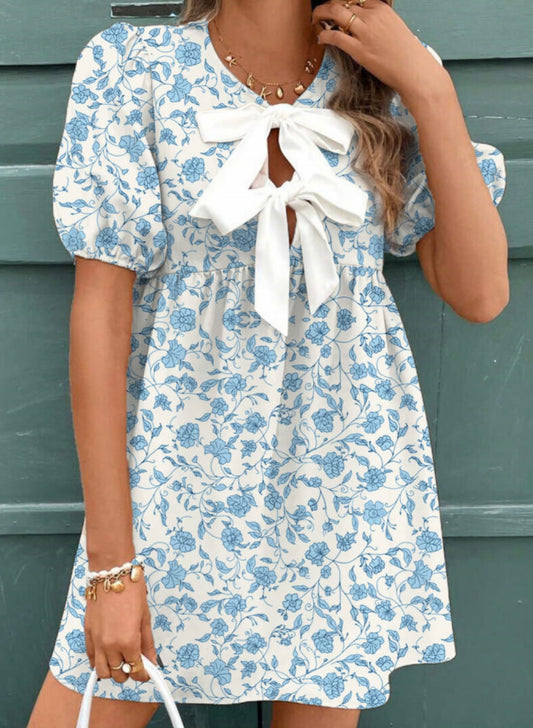 Sky Blue Floral Puffer Dress