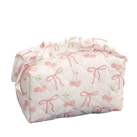 The Bow & Cherry Cute Ruffle Cosmetic Bag