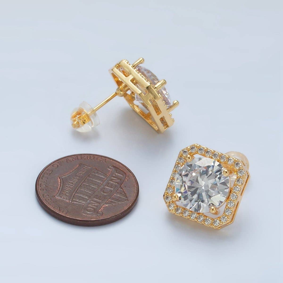 The Square Halo CZ Gold Stud Earrings
